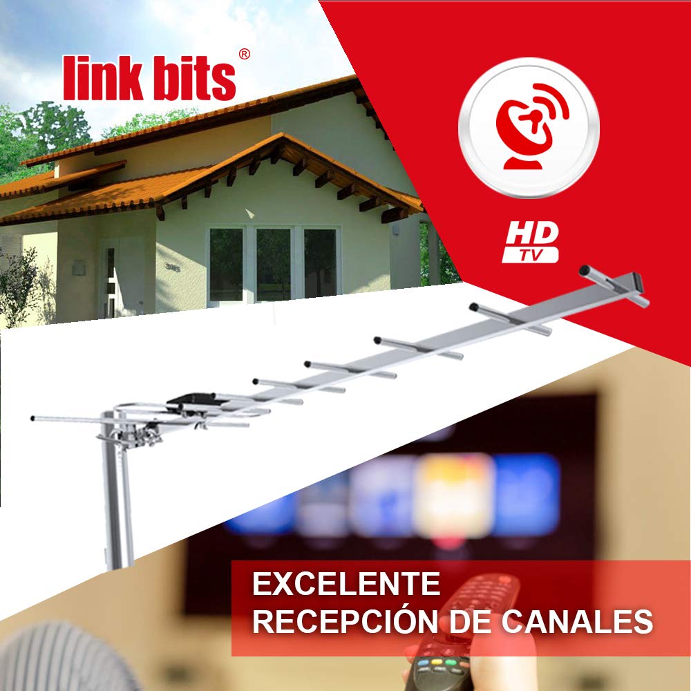 LINK BITS EXHD02 Antena TV Digital Exterior HD, recepción amplificada, Canales televisión Abierta (Incluye 10m de Cable Reforzado)