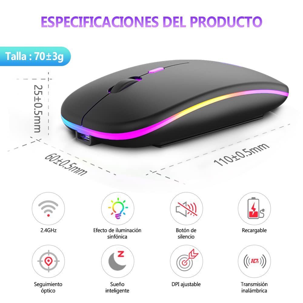 Free wolf X15 Mouse Inalámbrico, Wireless óptico Recargable 2.4 G Ergonómico Silencioso Click con Receptor USB 3(800/1200/1600) Ajustable dpi Ratón para Computadora,Portátil,PC,Mac (Negro Mate)
