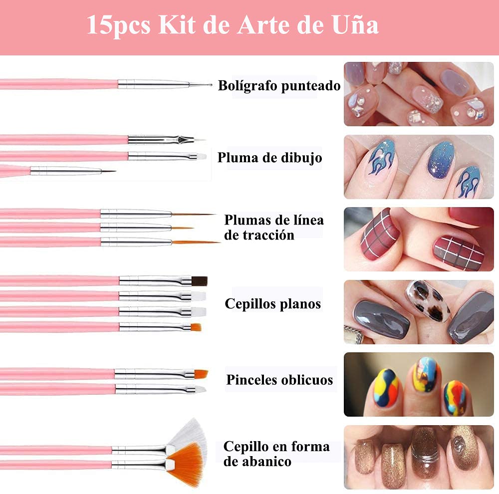Kit de Herramientas para DIY Decoración de Uñas - Conjunto de Arte de Uñas con Mini 6W LED Lámpara Uñas UV | 15 Pinceles de Pintura | 5 Herramientas de Punteado | 2 Cajas de Diamantes de Imitación | 10 Cintas de Rayas | Lima de Uñas | Cepillo de Limpieza