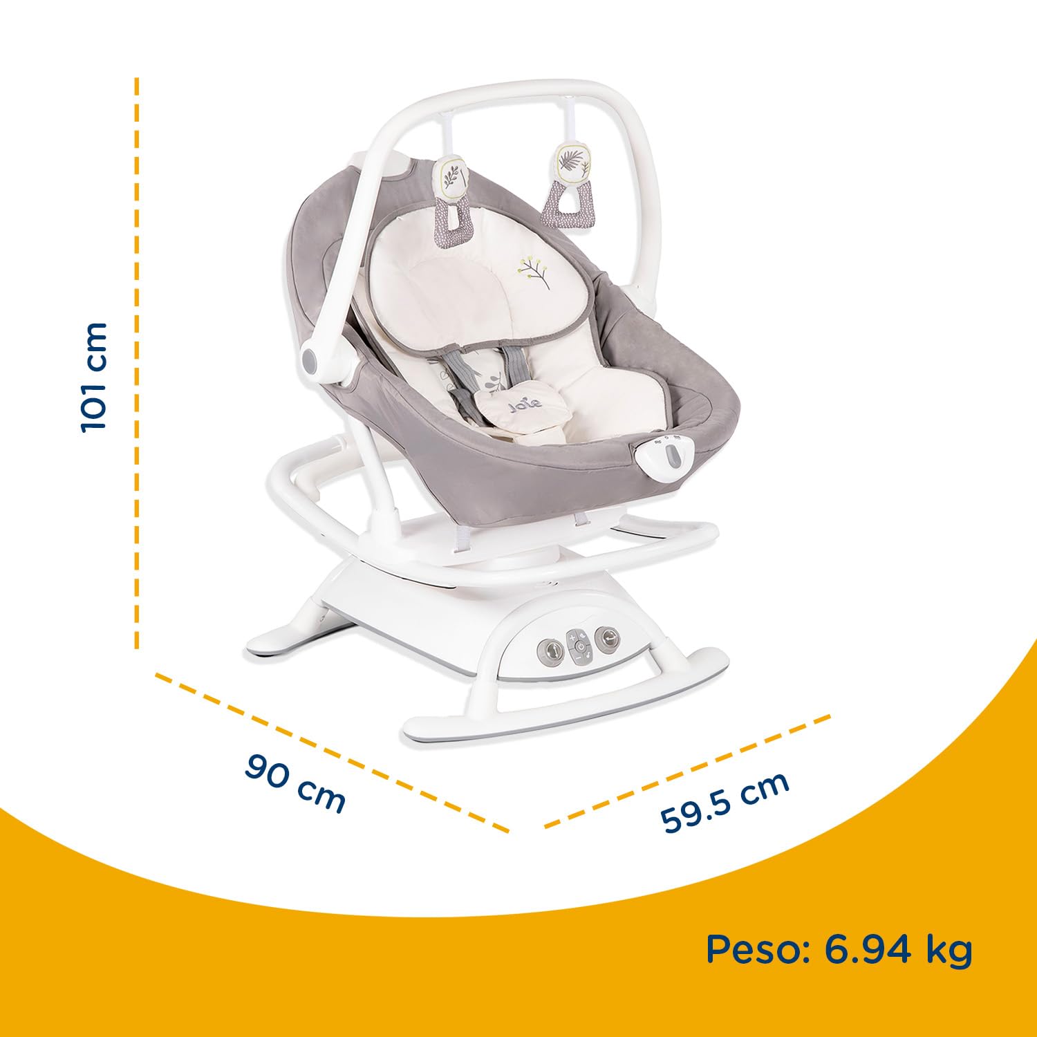Joie Columpio Portatil para Bebe Sansa, Cuna Mecedora con Giro de 90°, Silla Mecedora Reclinable con 3 Posiciones y Vibracion Calmante, Bouncer Electrico para Bebe