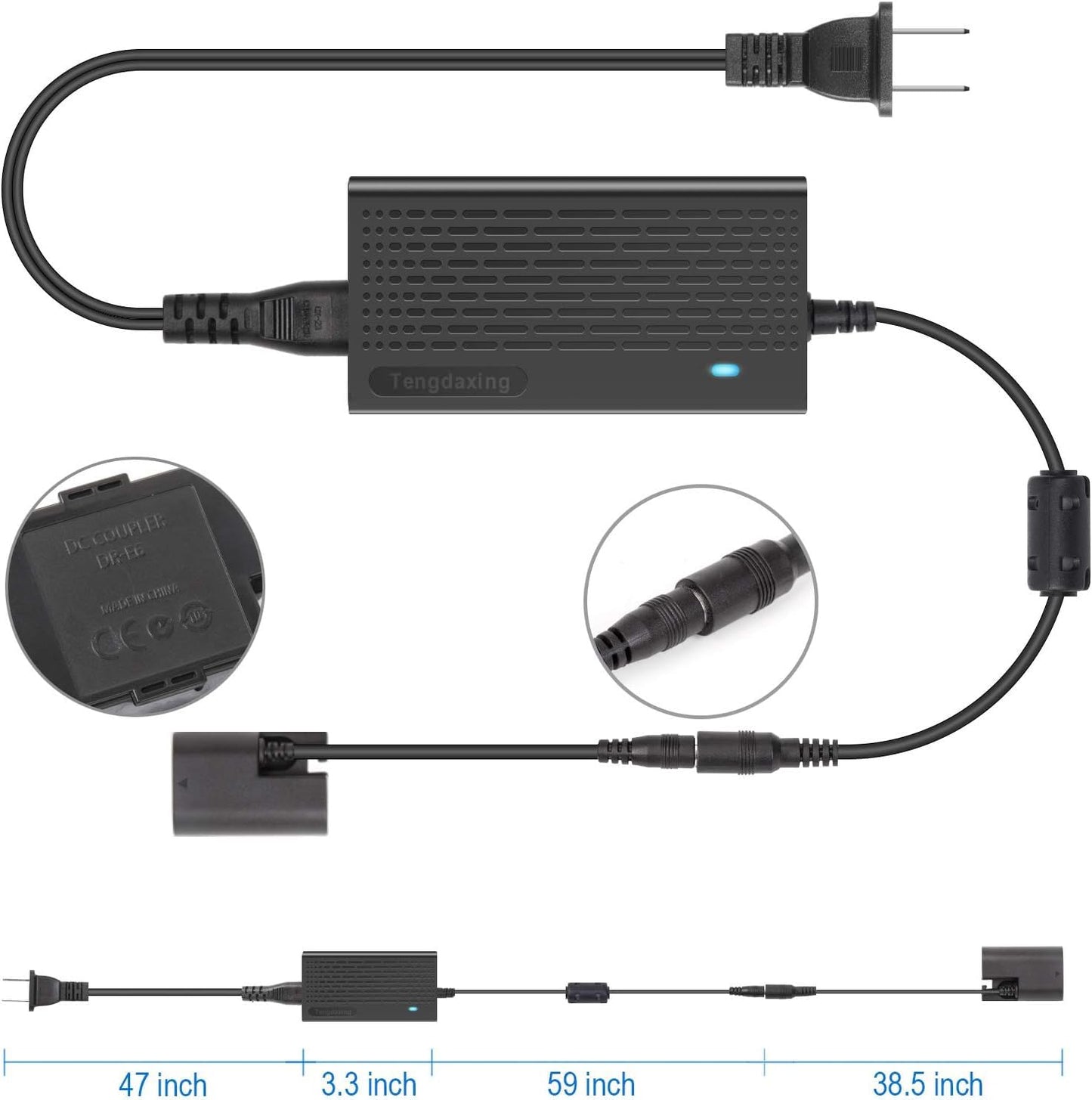 Tengdaxing ACK-E6 - Adaptador de corriente continua LP-E6/E6N - Batería para Canon EOS 5Ds 5Ds R, 5D Mark II III IV, 6D, 6D Mark II, 7D, 7D Mark II, 60D, 60Da, 70D, 80D, 90D, R, R5, R6 R6 Mark II, R7