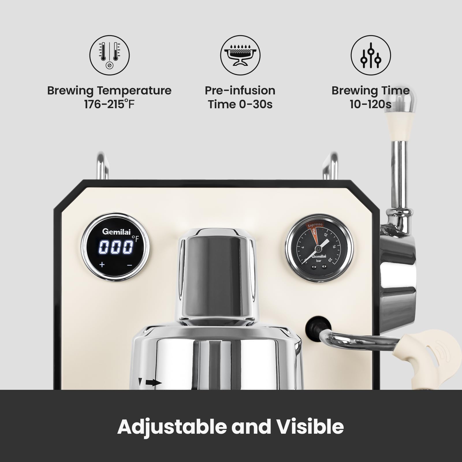 Máquina de café espresso Owl, máquina de café espresso semiautomática profesional de 15 barras con espuma de leche, tanque de agua extraíble de 64 onzas, doble visualización, para capuchino, latte en
