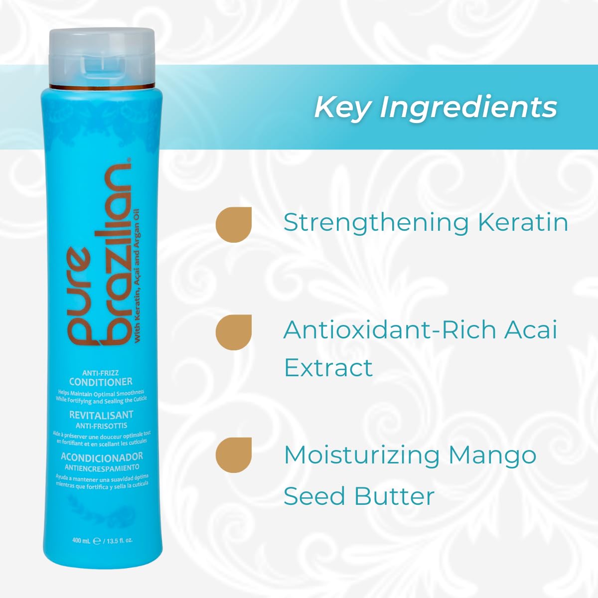 Pure Brazilian - Anti Frizz Daily Conditioner - With Keratin and Bamboo Extract For Smooth, Manageable Hair (13.5 Fl. Ounces)