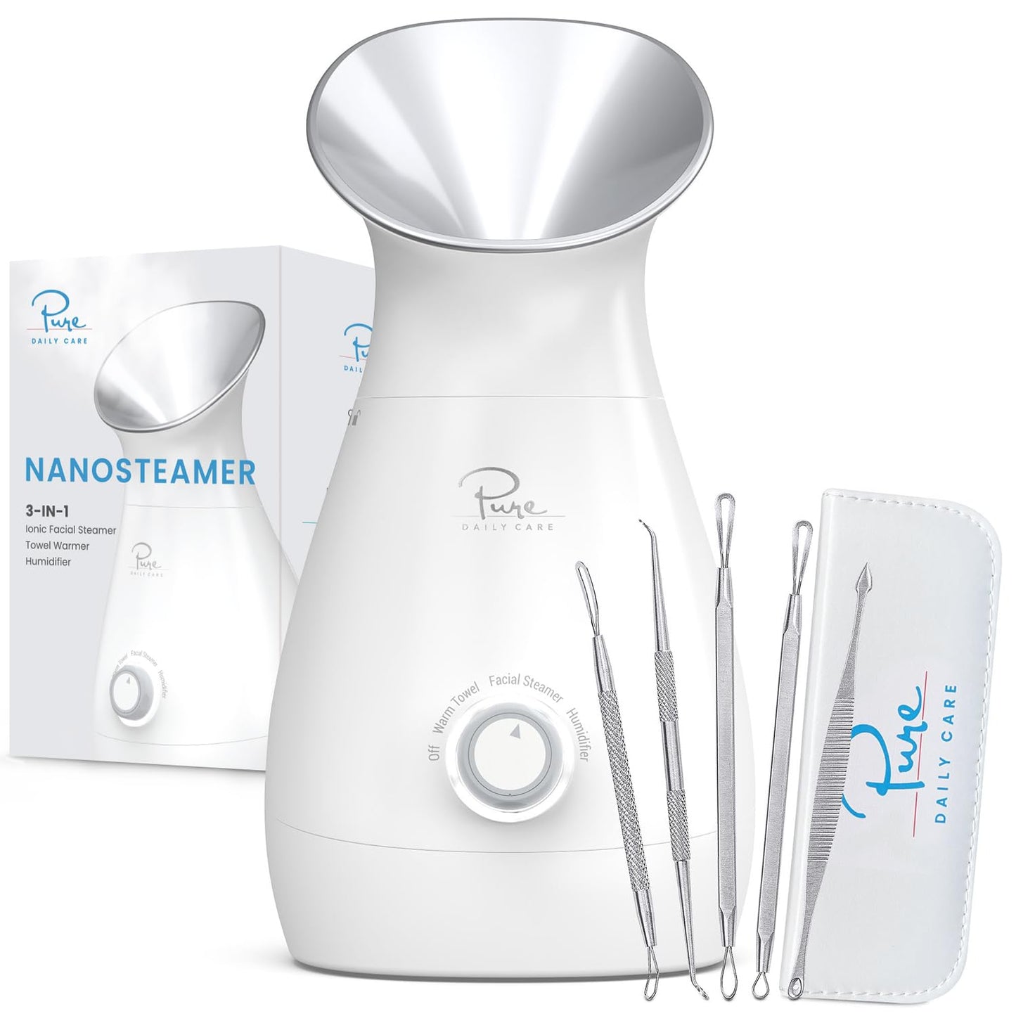 Pure Daily Care Nanosteamer Vaporizador Facial Nano Iónico Grande 3 En 1 Con Control de Temperatura Preciso - Humidificador - Desobstruye Los Poros - Puntos Negros - Calidad Spa - Bonus Kit de Piel de