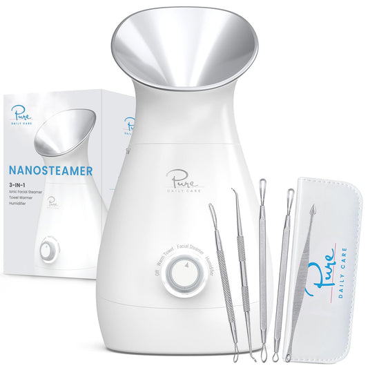 Pure Daily Care Nanosteamer Vaporizador Facial Nano Iónico Grande 3 En 1 Con Control de Temperatura Preciso - Humidificador - Desobstruye Los Poros - Puntos Negros - Calidad Spa - Bonus Kit de Piel de