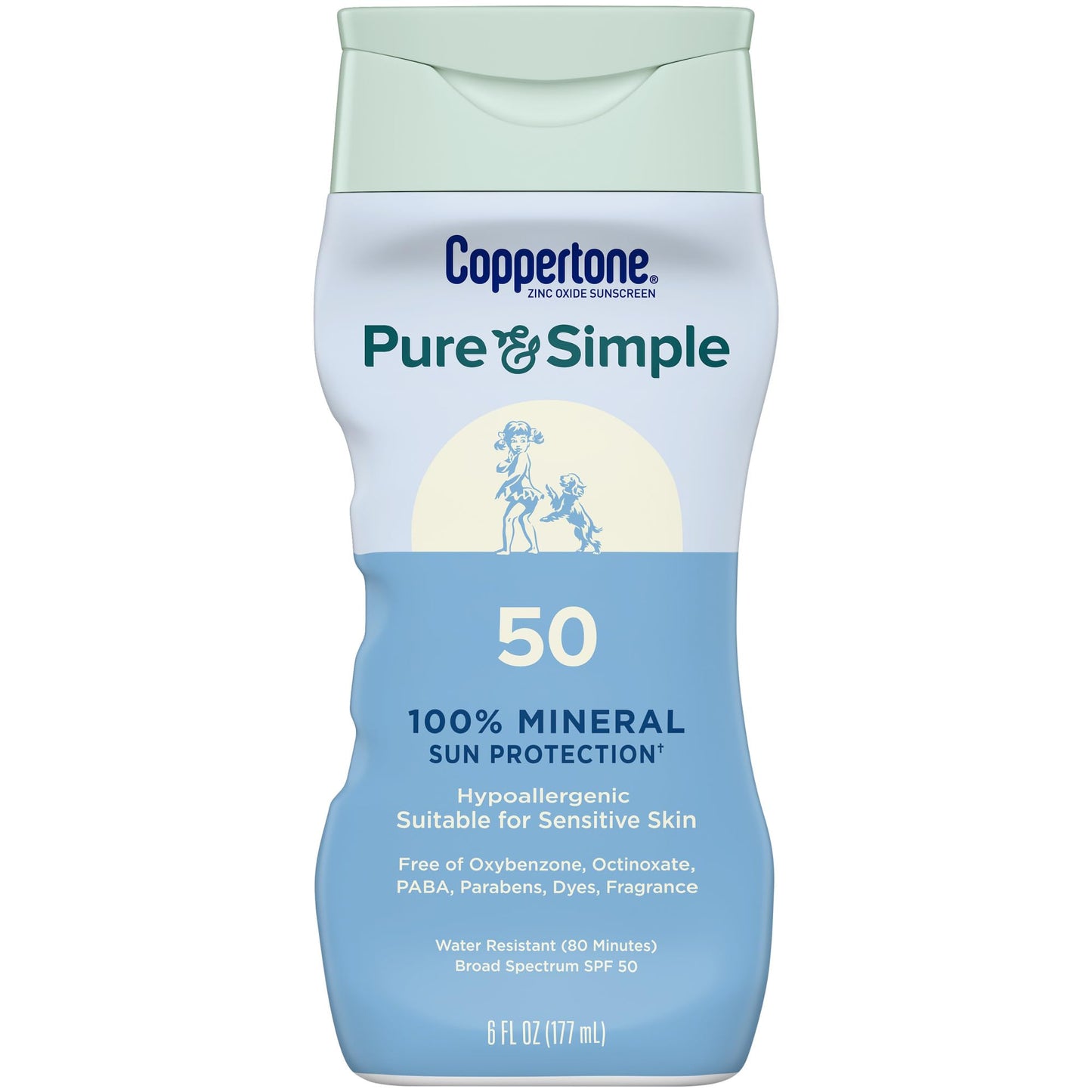 Coppertone Pure & Simple SPF 50 Sunscreen Lotion, Water Resistant, Hypoallergenic, Dermatologically Tested, Plus 100% Natural Botanicals, Broad Spectrum UVA/UVB Protection, 6 Ounce