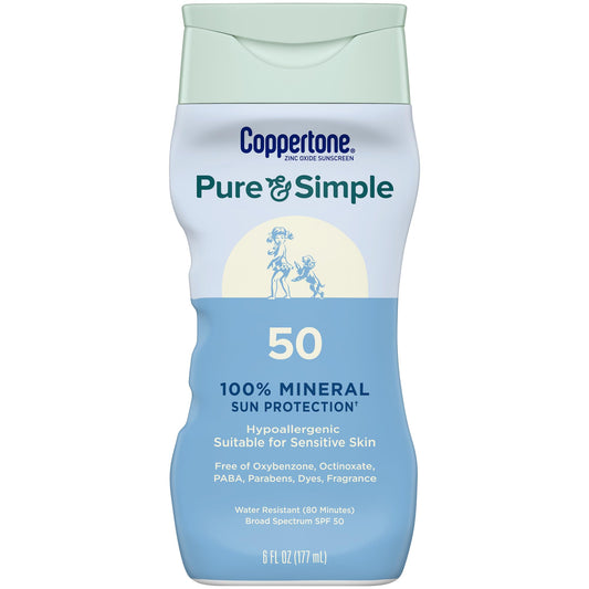 Coppertone Pure & Simple SPF 50 Sunscreen Lotion, Water Resistant, Hypoallergenic, Dermatologically Tested, Plus 100% Natural Botanicals, Broad Spectrum UVA/UVB Protection, 6 Ounce