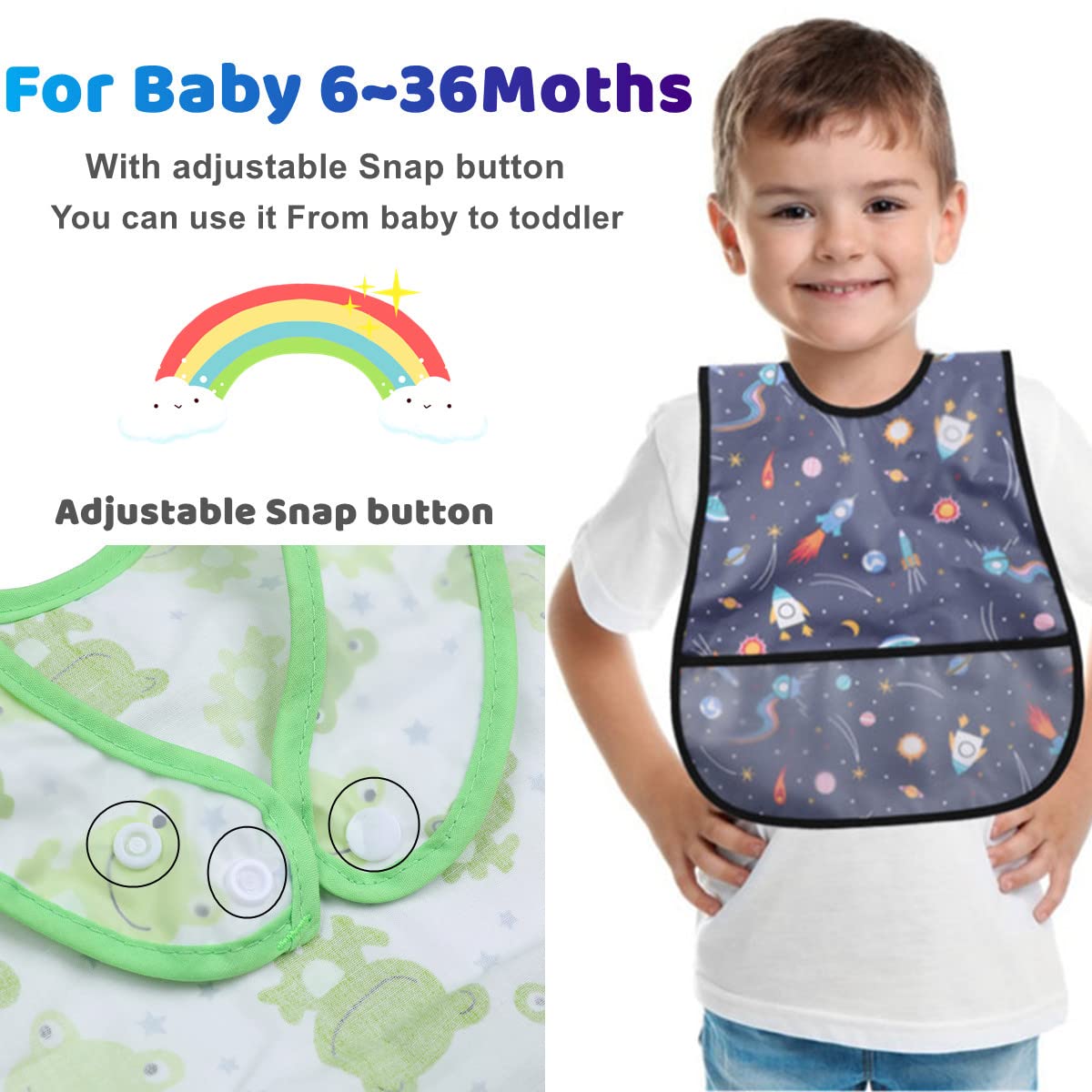 Norinori Babero impermeable para bebé, babero de alimentación con bolsillo para bebé, niño, niña, lavable, 6-37 M