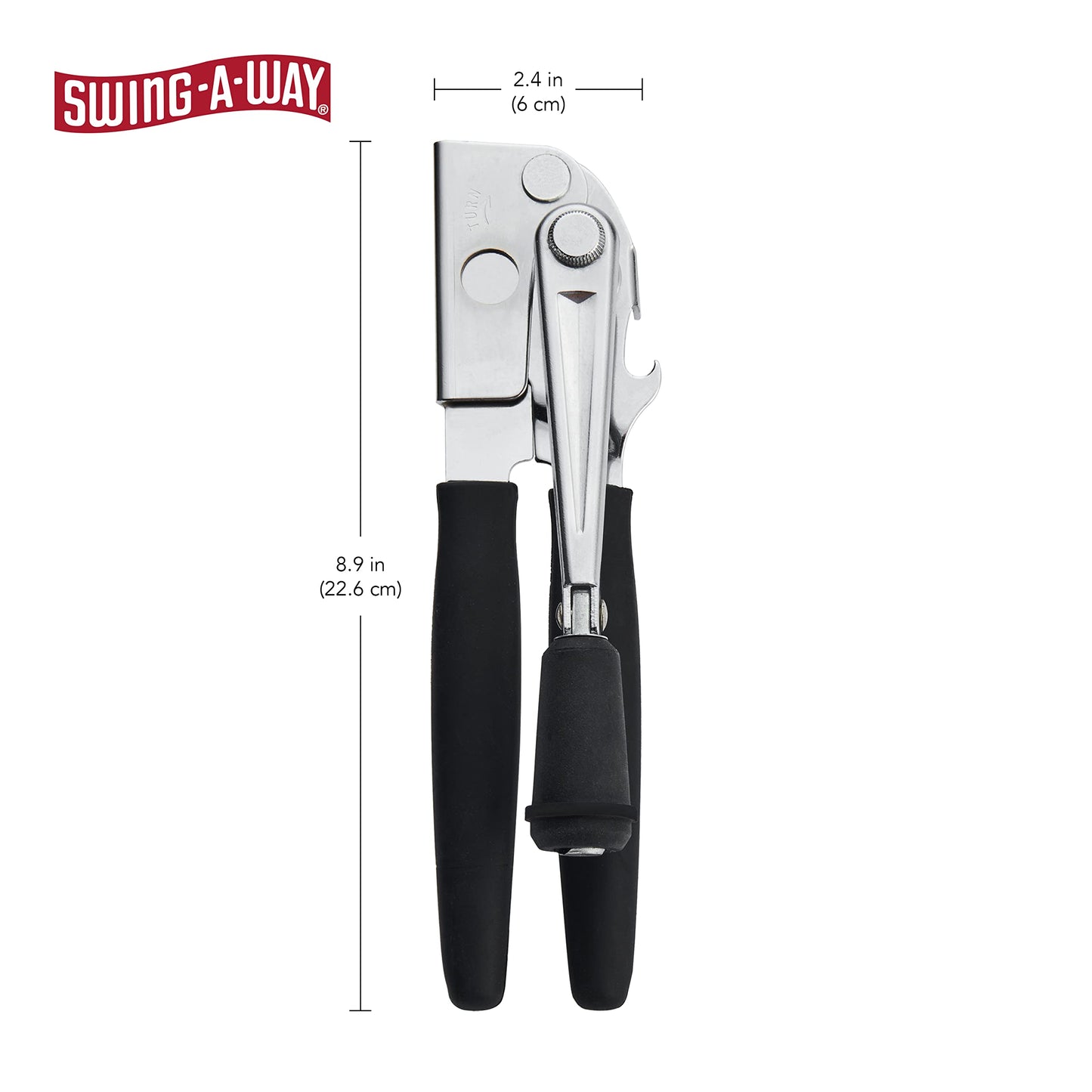 Abrelatas Swing-A-Way Negro con Manija Plegable y de Giro Fácil