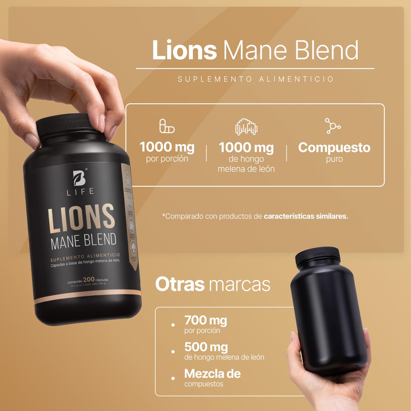 B Life Hongo Melena de León Puro | 200 Cápsulas | 1000 mg por porción | Ingredientes naturales | Lions Mane Blend.
