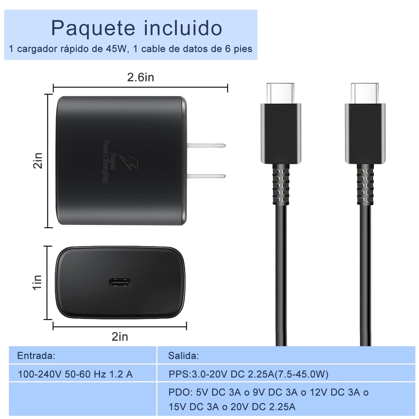 Cargador rápido USB C de 45 W para cargador Galaxy tipo C, USB C Cargador con 1.8M Cable Carga Rápida, para Galaxy S25 Ultra/S24 Ultra/S24/S23 Ultra/S23/S23+/S22 Ultra/S22/Note10/Note 20/S20/S21/S10