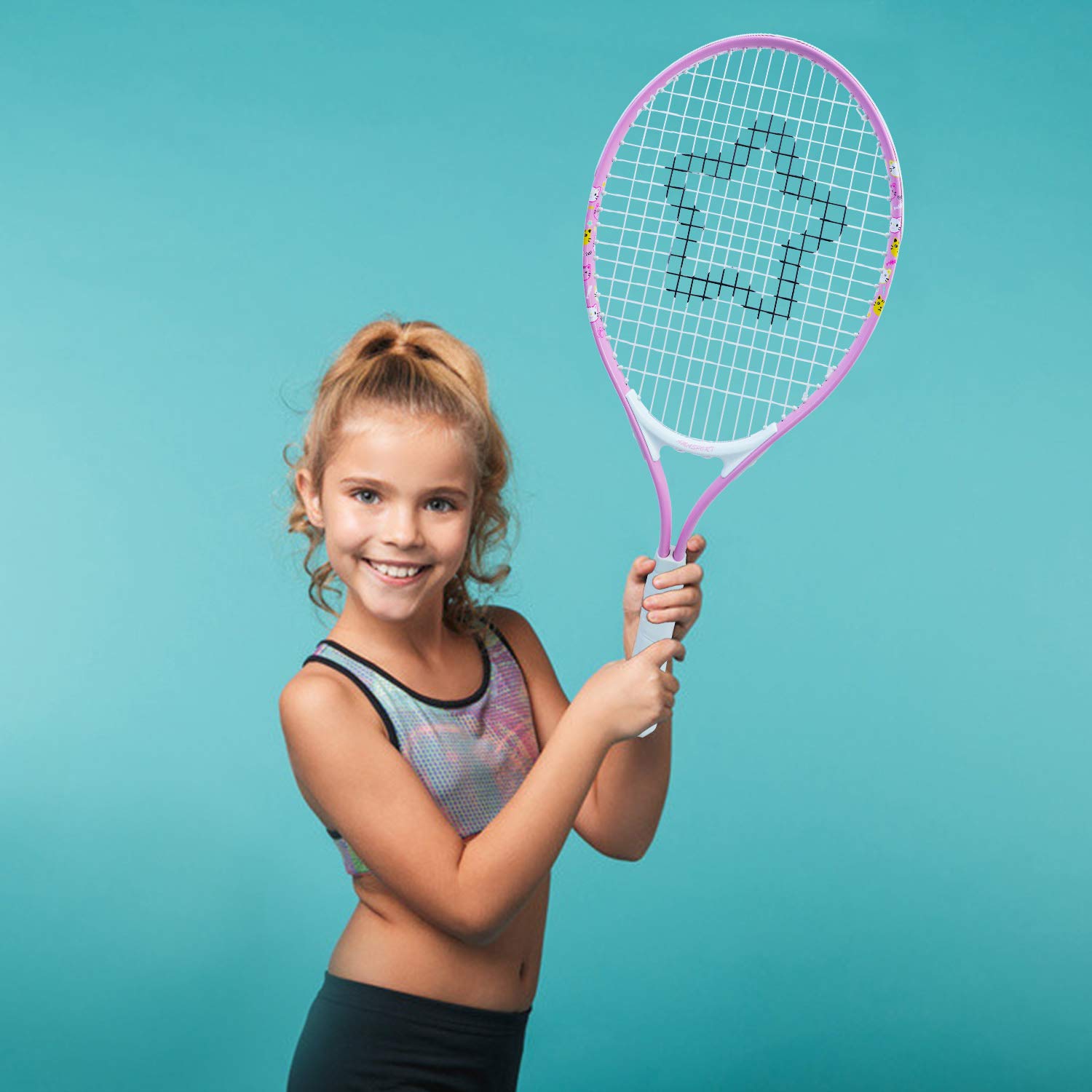 AMA SPORT - Raqueta de tenis para niños pequeños, kit de iniciación de 21 pulgadas, color rosa para niña con bolsa de hombro (rosa bebé, 21)