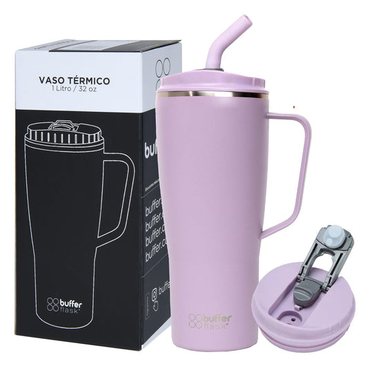 Buffer Flask - Vaso Térmico 1000 ml - Termo para Café y Agua de Acero Inoxidable - Tapa Anti Derrame y Fugas - Taza Tumbler Mug para Bebidas Frías y Calientes - Incluye Popote - Color Lila