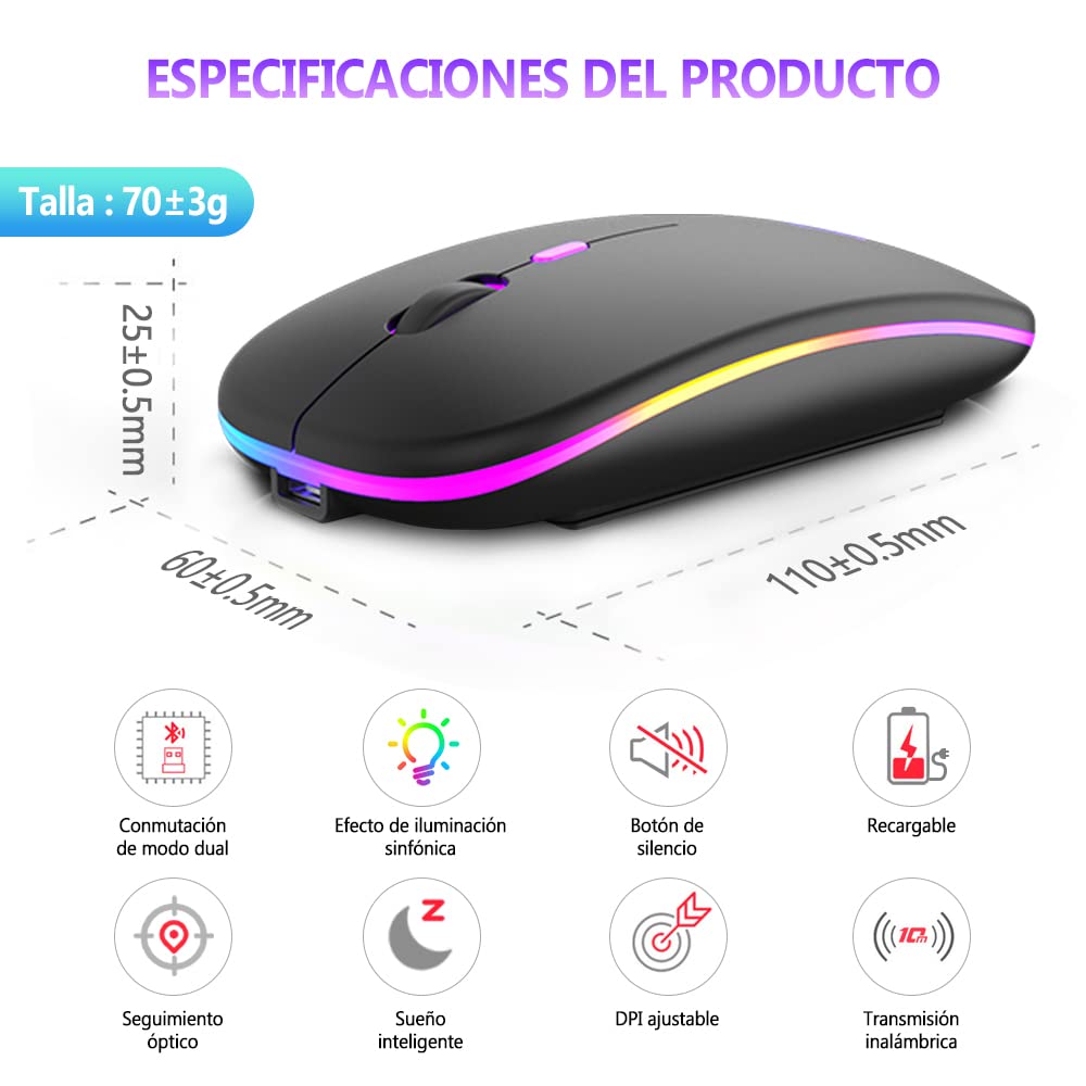 Free wolf X15 Mouse Inalámbrico, Mouse Bluetooth y 2.4GHz Modos Dual Recargable y Ergonómico, Mouse con Luz, con Receptor USB 3 Ajustable dpi Ratón para Computadora, Portátil, PC, Mac (Negro Mate)