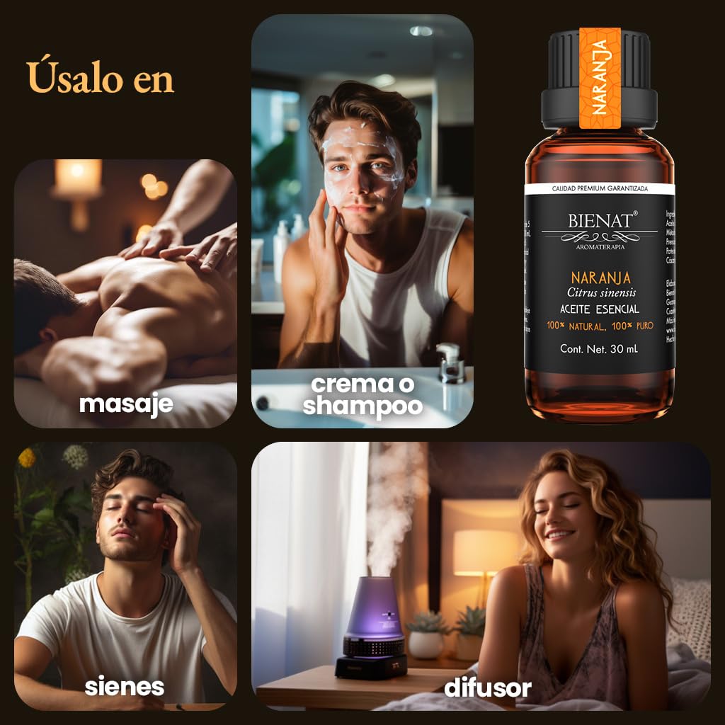 BIENAT AROMATERAPIA Aceite Esencial de Naranja 30mL | 100% Puro y Concentrado | Ideal para Difusor de Aromas, Humidificador, Aromaterapia, Masajes, Meditación, Jabones y Velas | Esencia Natural en Gotas