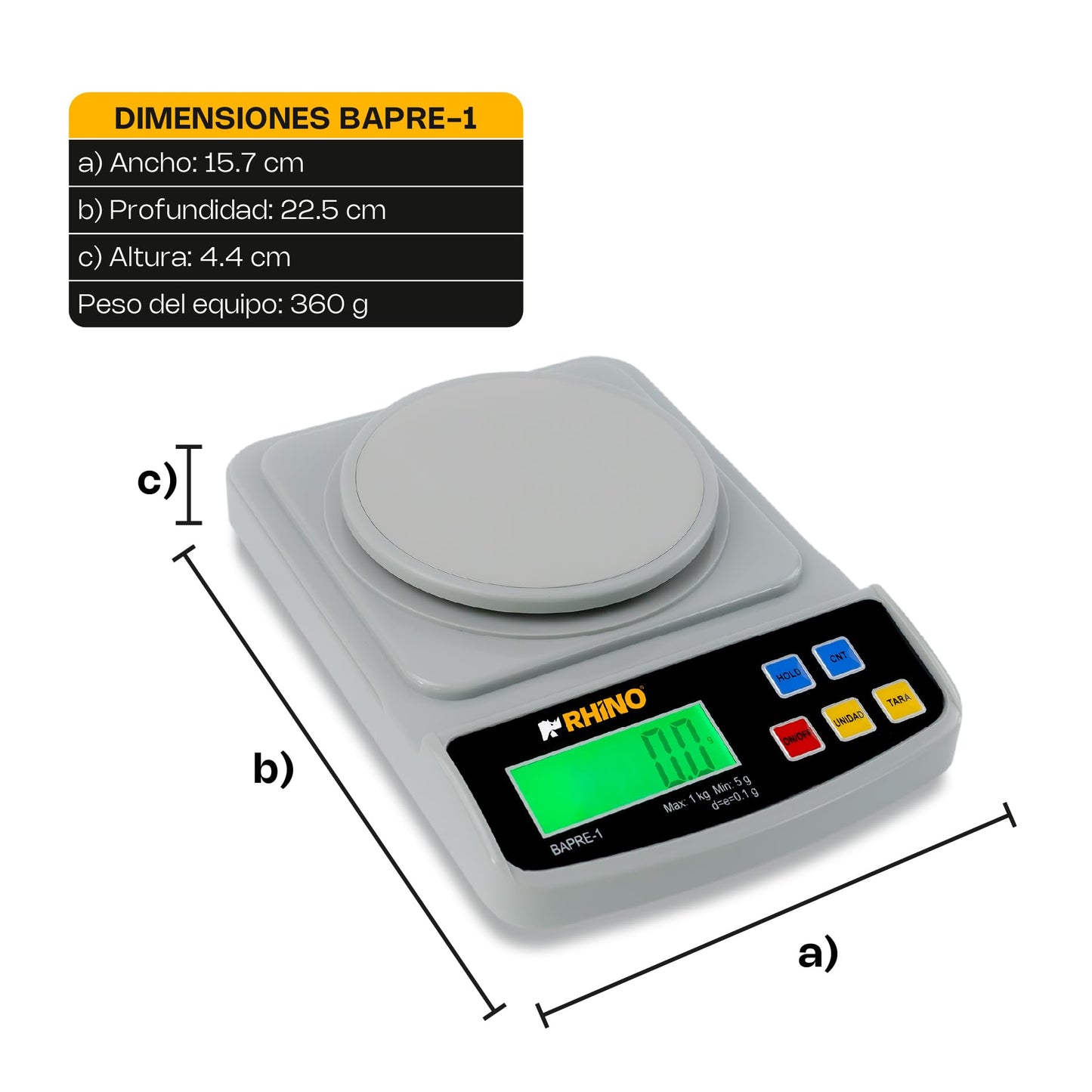 Báscula de Precisión RHINO Acero Inoxidable Diseño Compacto 1kg/0.1g con Función de Conteo y TARA