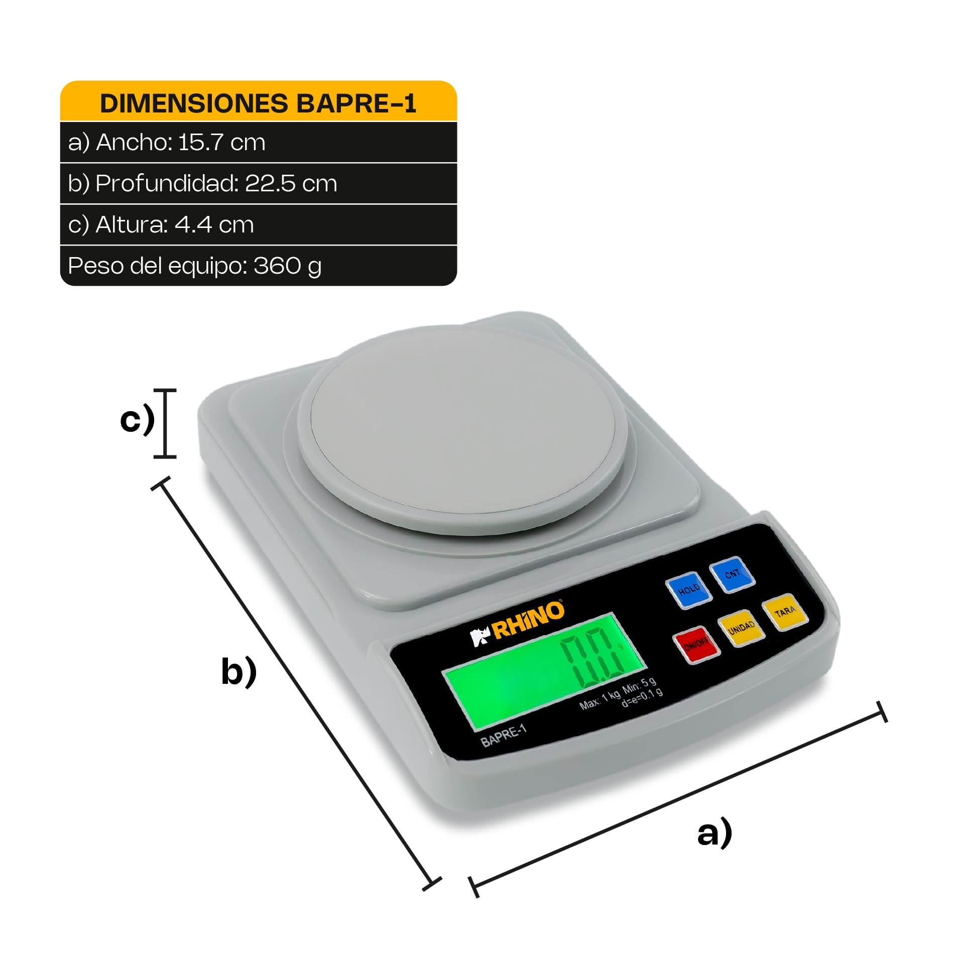 Báscula de Precisión RHINO Acero Inoxidable Diseño Compacto 1kg/0.1g con Función de Conteo y TARA