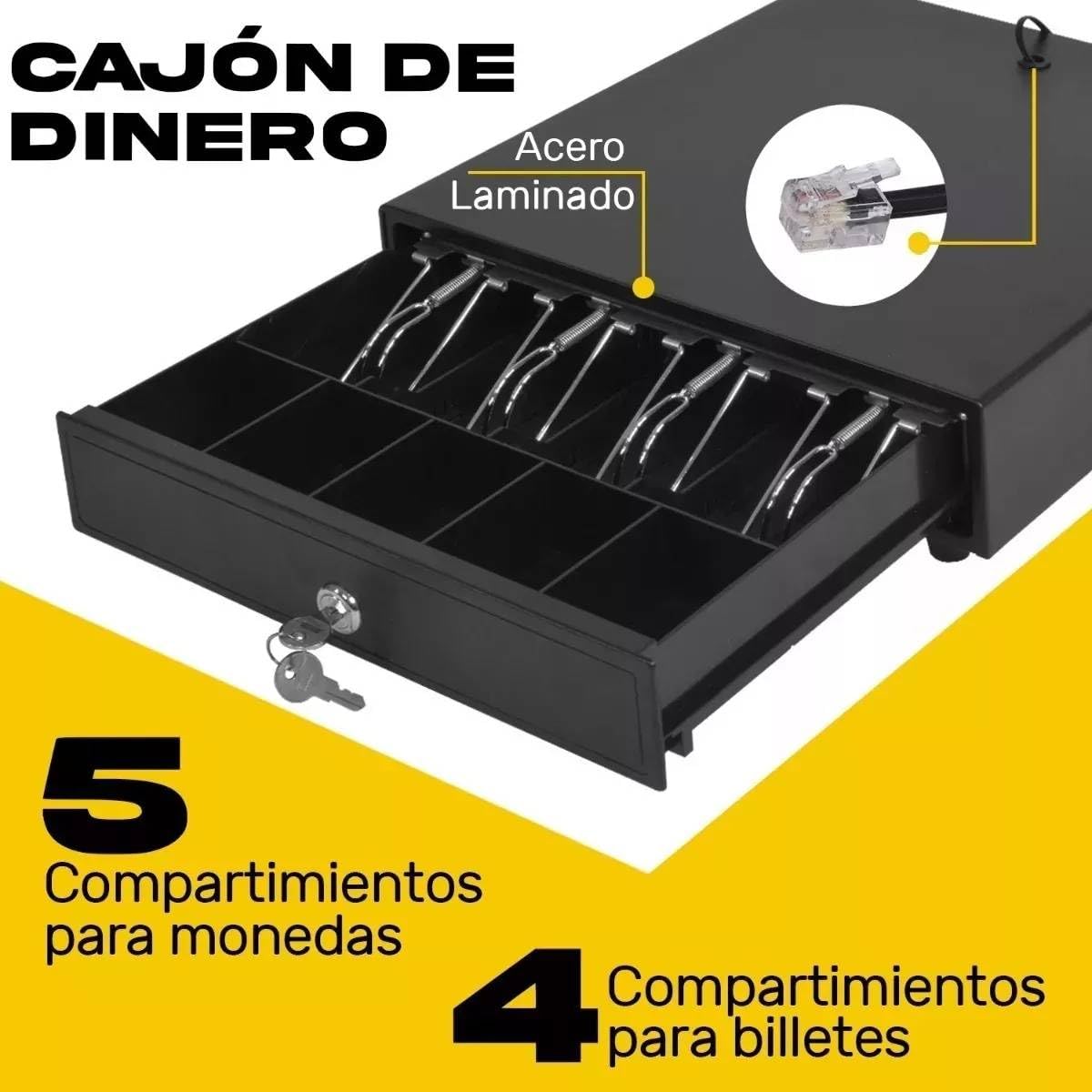 Cajon de Dinero Metalico Compartimento para 4 Billetes y 5 Monedas, Cable de Conexión RJ11 a Computadora o Impresora, Punto de Venta Caja Registradora