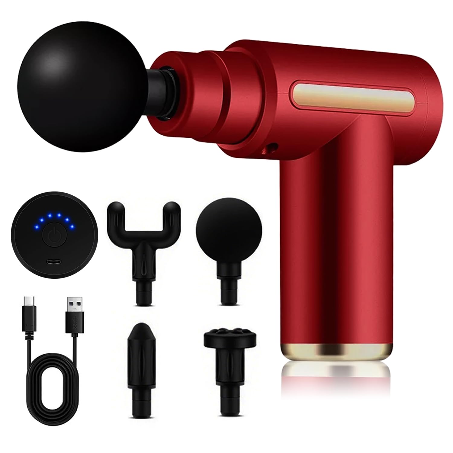 Pistola de Masaje Muscular con 4 Cabezas, Masajeador Portatil Muscular Mini Masajeador de Tejido Profundo Ajustables Massage Gun, Masaje Profesional Para Musculos, Ligamentos y Tejidos, Carga USB(Rojo)