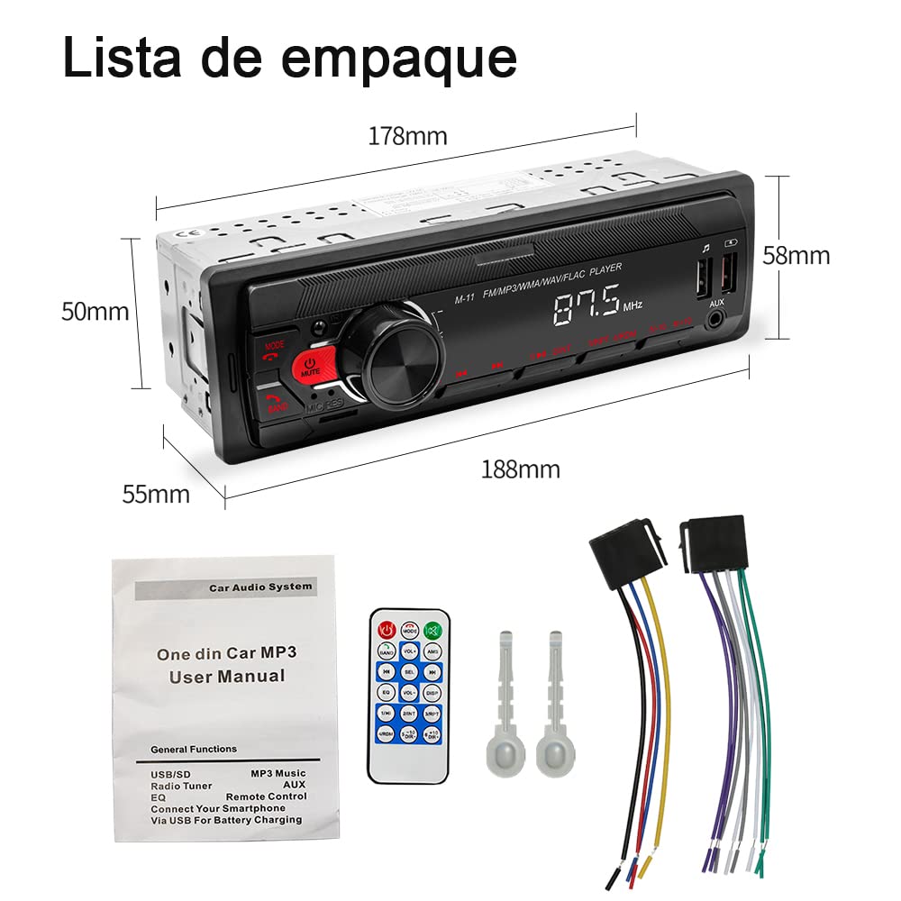 HIMICAR Autoestereo Reproductor Estereo para Automovil MP3, Control por Voz, Dual USB Apoyar AUX/TF/Disco U/FM Bluetooth Estereos con Tarjeta, Llamada Bluetooth + Control Remoto FM