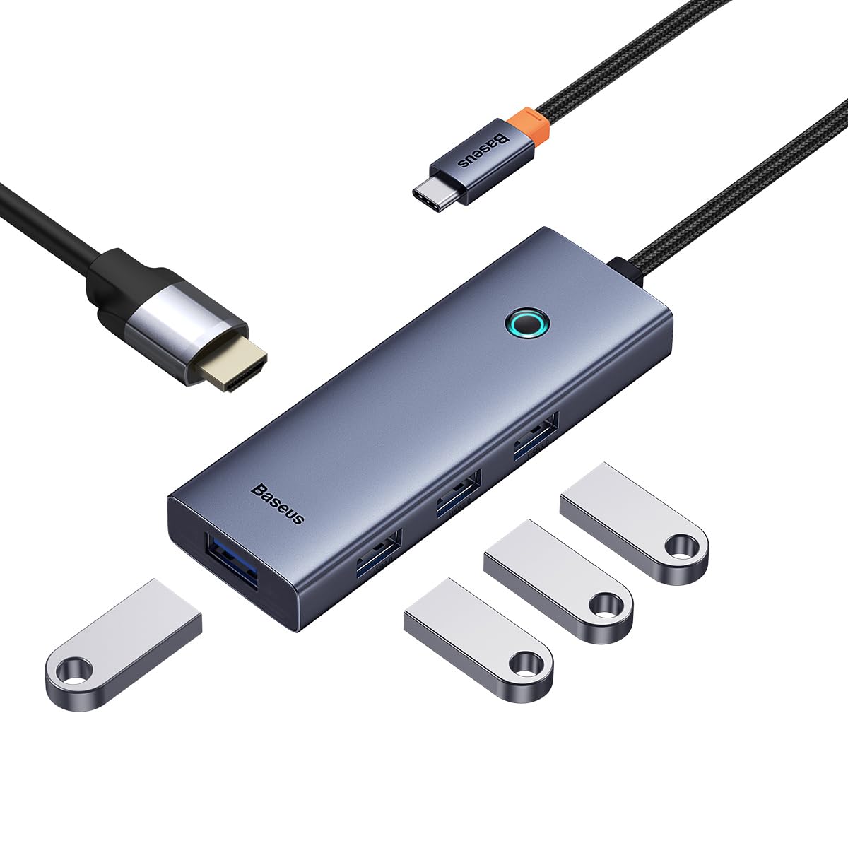 Baseus USB-C Flite Series Hub de 5 Puertos, HDMI y 4 USB3.0, Aleación de Aluminio, Velocidad hasta 5Gbps, 4K 30Hz, Gris