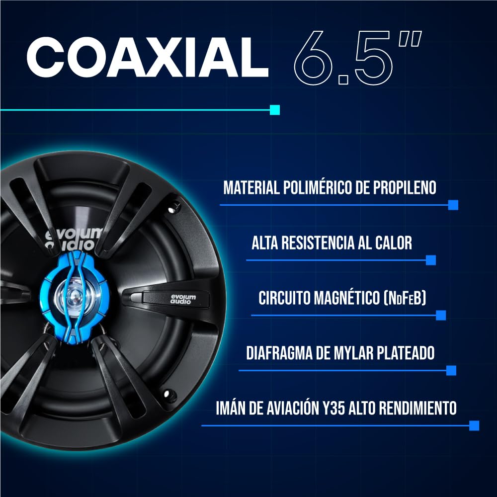 Evolum Audio - Kit Bocinas 2 Vías - Sonido Claro y Potente - Potencia RMS de 100 W - Gran Volumen y Claridad sin Distorsión - Fácil Instalación & Amplia Compatibilidad - Modelo Coaxial (6.5 in)
