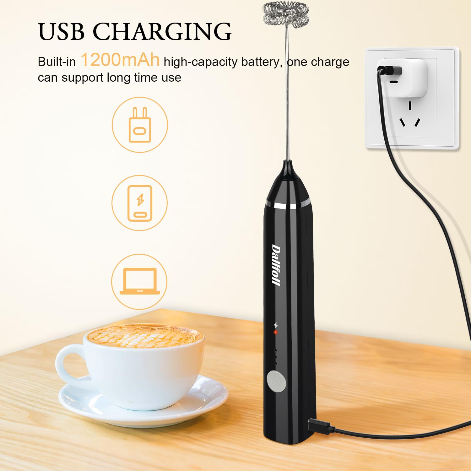 Dallfoll - Espumador de Leche de Mano,Recargable por USB, Máquina de Espuma Eléctrica para Café,3 Velocidades,2 Batidores,Mini Espumadora Mezcladora,Frappe Latte Cappuccino Chocolate Caliente,Negro