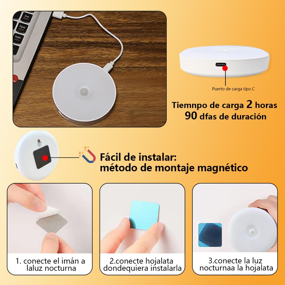 KIWOP 2 Colores Luz Led con Sensor de Movimiento, 6 PCS Led Luz Nocturna Recargable Usb, Luz Blanca 6000k & Luz Cálida 3000k, Diseño Magnético, 4 Modos Iluminación, 10 Horas Iluminación Continua.