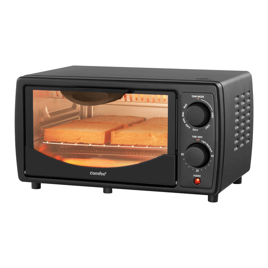 COMFEE' - Encimera de horno tostador pequeño, 4 rebanadas, mini horno para pizza de 9 pulgadas, horno compacto, 2 estantes para tostar, hornear, asar, 950 W, negro, CTO-E101A (BK)