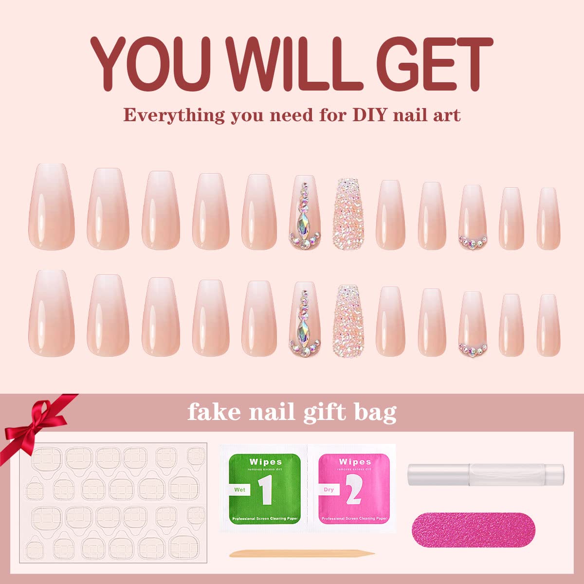 Yivaiks 24 uñas postizas personalizadas a mano, con diseño de bailarina y diamantes de imitación, accesorio perfecto para banquetes, veladas y fiestas (GD-004)