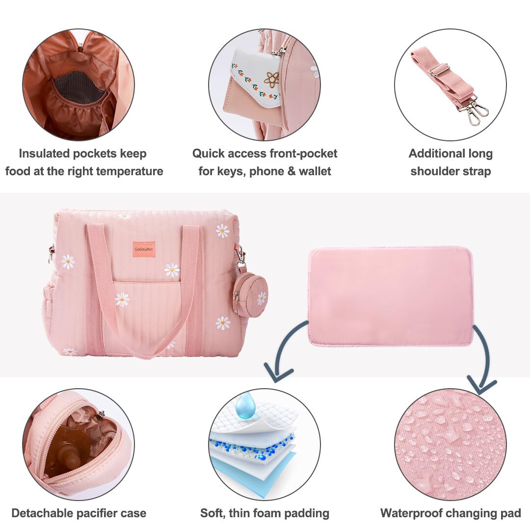 GOBABYMART - Juego de 3 bolsas de pañales, bolsa de hospital para trabajo y parto, bolsa de viaje de maternidad con cambiador y estuche para chupete, Medio - Flores rosadas, 15 inches x 12 inches x 6
