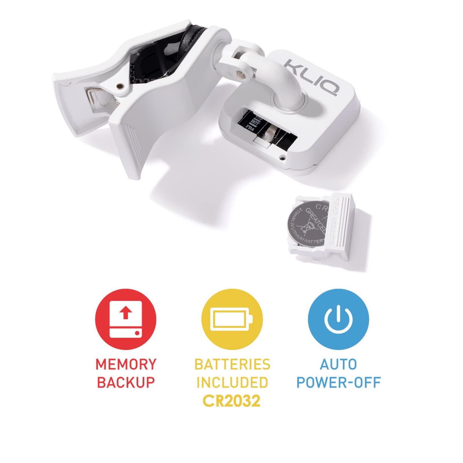 KLIQ UberTuner, sintonizador profesional de clip para guitarra, bajo, ukelele, violín, mandolina, banjo y todos los instrumentos, afinación cromática rápida y precisa con modos multi-tecla, blanco