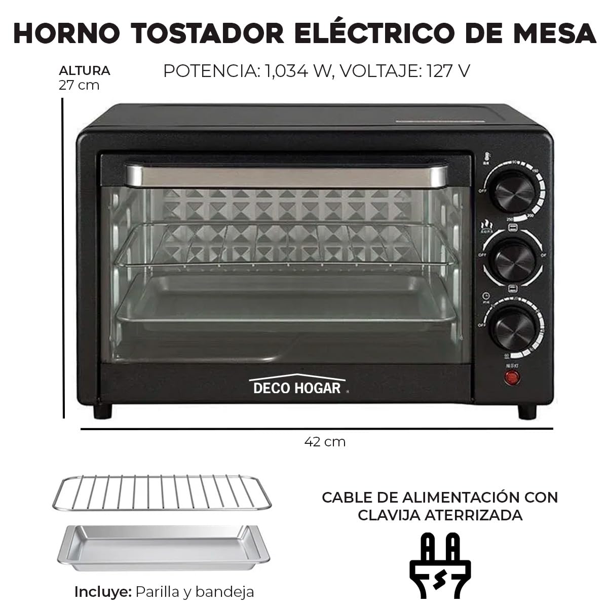 Horno Eléctrico de Convección Tostador De 25L Hornito Te Permiten Asar, Gratinar, Dorar y Tostar; 1034 W Incluye Parrilla Y Bandeja Convección Envolvente Temporizador Con Sistema De Apagado Automático
