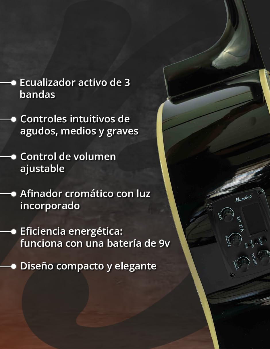 BAMBOO, Guitarra Electroacustica Negra Linden 40 - Incluye Funda - Guitarra Acustica con corte y equalizador para principiantes.