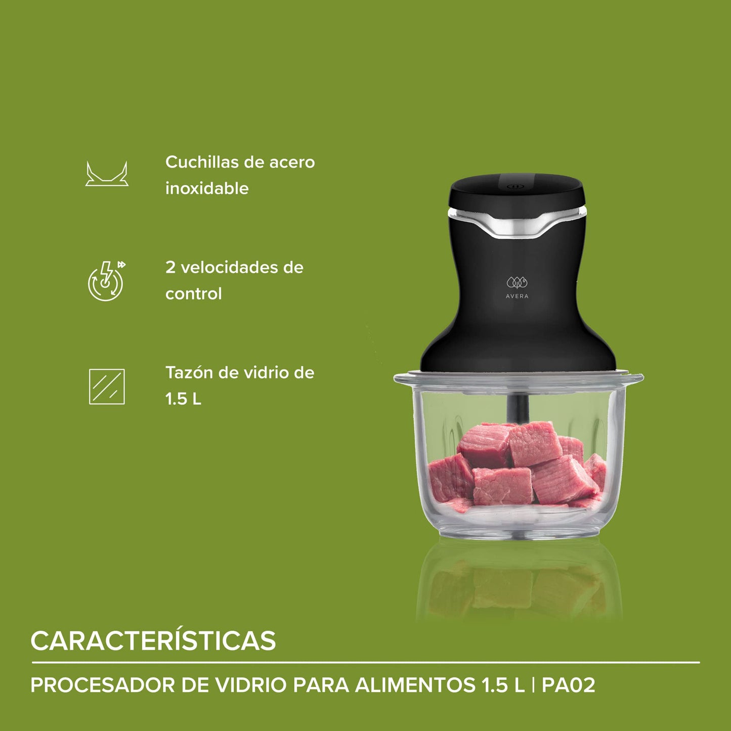 AVERA Procesador de Alimentos de Vidrio, (Pica, Licua, Ideal para Puré y Mezclar una Gran Variedad de Alimentos en Instantes) Food Processor Color Negro, PA02