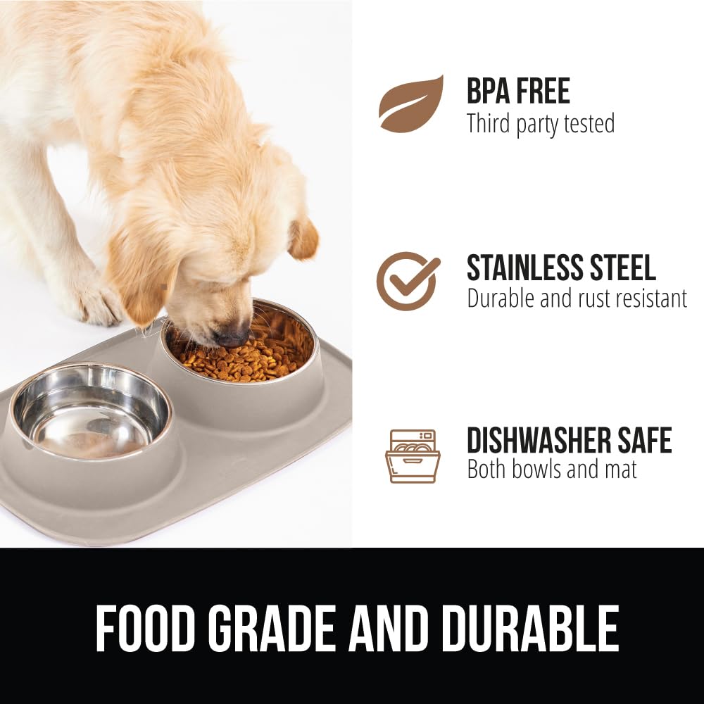 Gorilla Grip Slip Resistant Pet Bowls and Silicone Feeding Mat Set, 3 Cups, Catch Water and Food Mess, Raised Edges for No Spills, Stainless Steel Cat and Dog Dish Bowl, Patent Pending Design, Beige