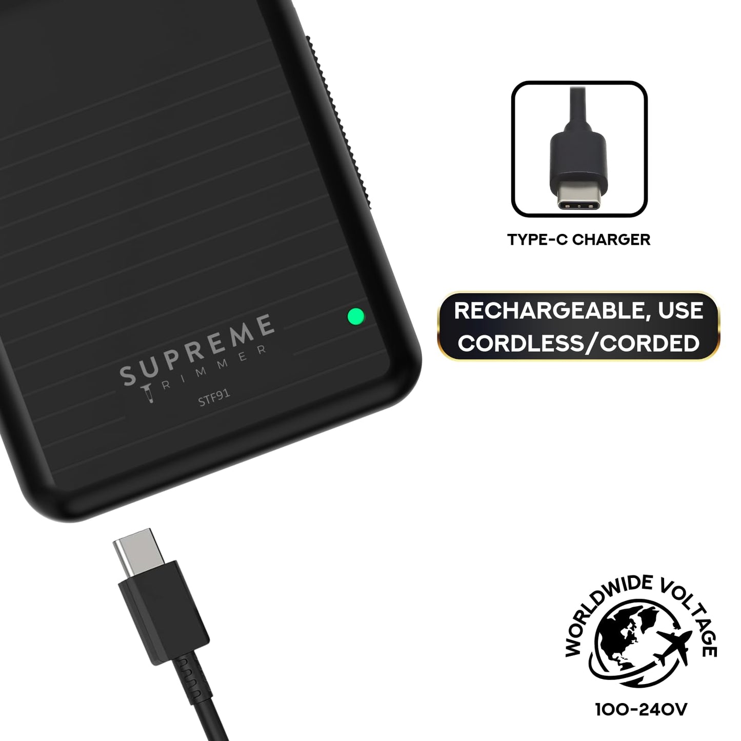 Supreme Trimmer Solo LiTE - Afeitadora de papel individual para hombre, 90 minutos, sin cable, potente USB-C Mini tamaño para barberos y uso doméstico | STF91 negro