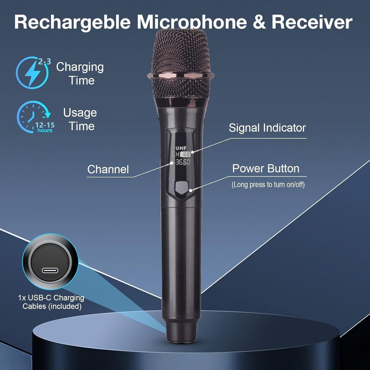 Micrófono Inalámbrico Plug and Play con Receptor Recargable de Mano para Escenarios Grandes