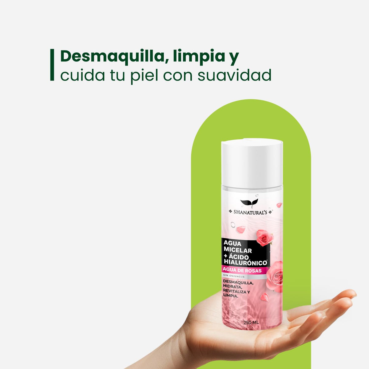 Agua Micelar con Ácido Hialurónico y Agua de Rosas, 250 mL