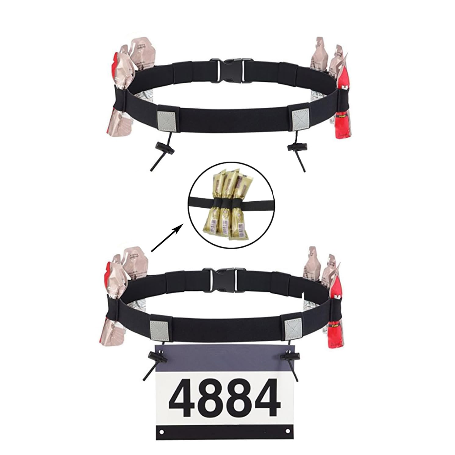 Cinturón de Números de Carrera con 6 Bucles de Gel, 2 Pcs Cinturón de Carreras de Triatlón, Cinturón Elástico para Correr con Tiras Reflectantes, Ajustable, para Triatlón, Maratón (Negro)