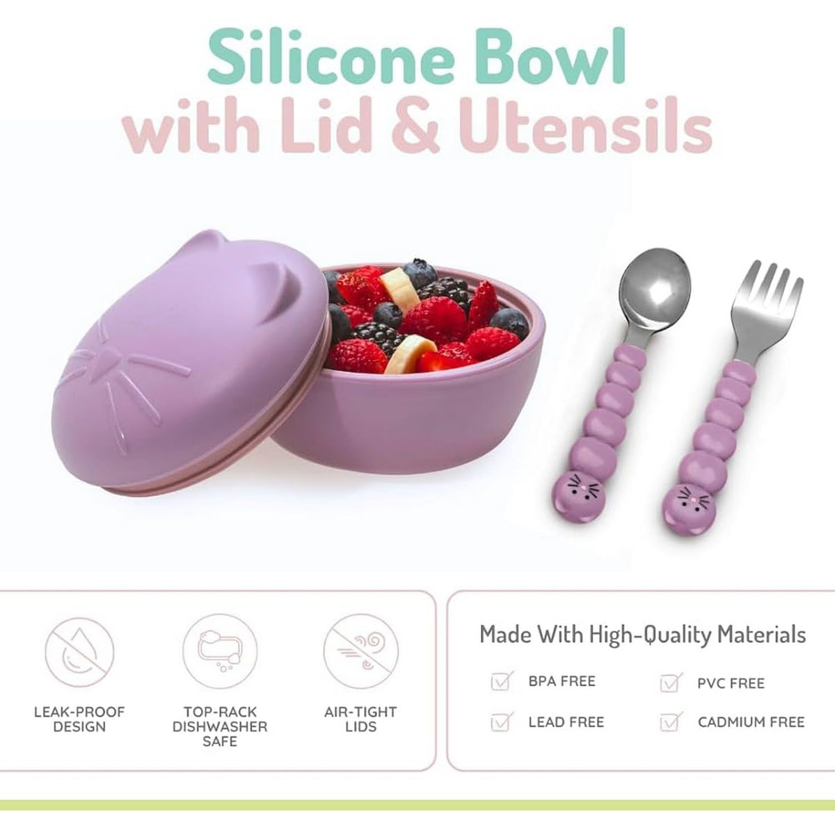 melii Cuenco de silicona con tapa y utensilios de acero inoxidable – Almacenamiento de alimentos a prueba de fugas y sin BPA para bebés, niños pequeños y n Utensilios para gatos