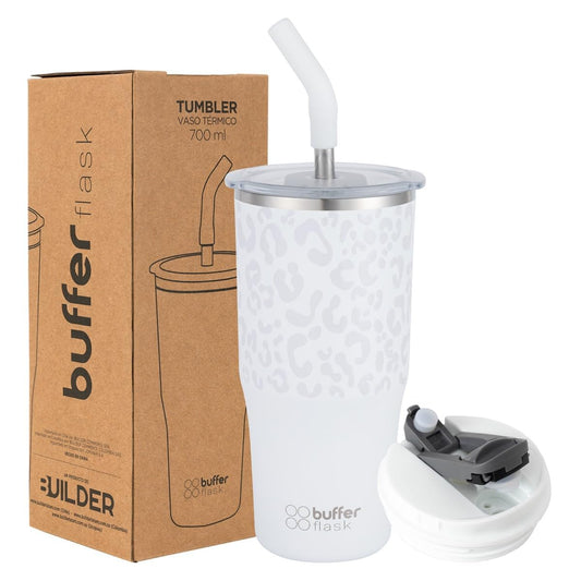 Buffer Flask - Vaso Térmico 700 ml - Termo para Café y Agua de Acero Inoxidable - Tapa Anti Derrame y Fugas - Taza Tumbler Mug para Bebidas Frías y Calientes - Incluye Popote - Color Leopardo Blanco