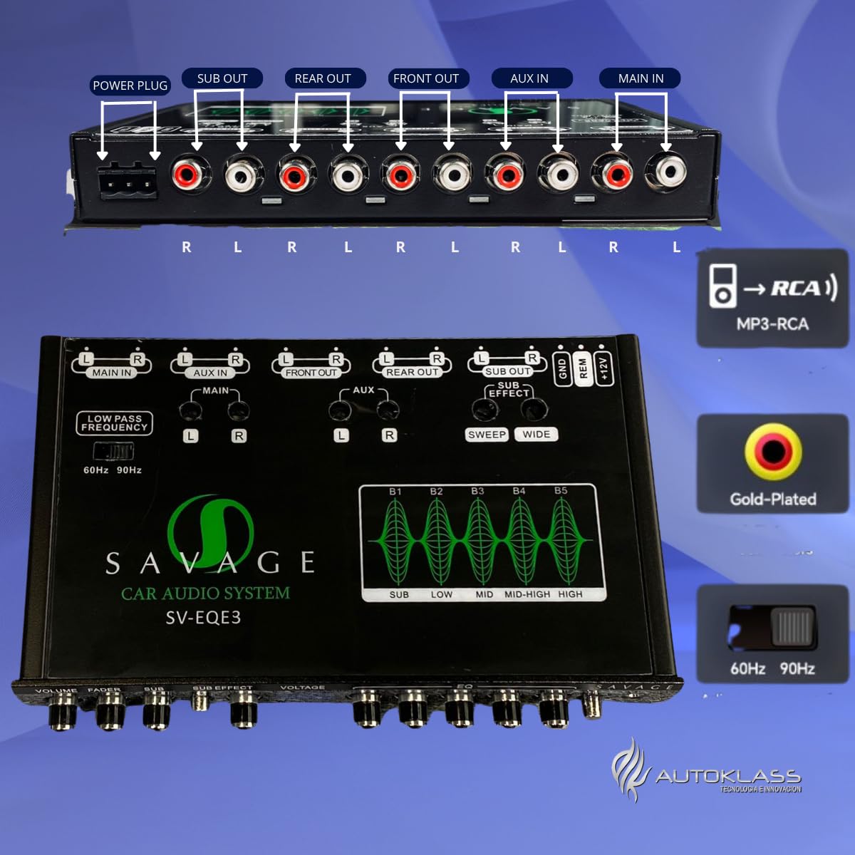 AUTOKLASS-Ecualizador 5 Bandas Efecto Epicentro 9 Volts. Entrada vía RCAs, Auxiliar. Salidas RCAs