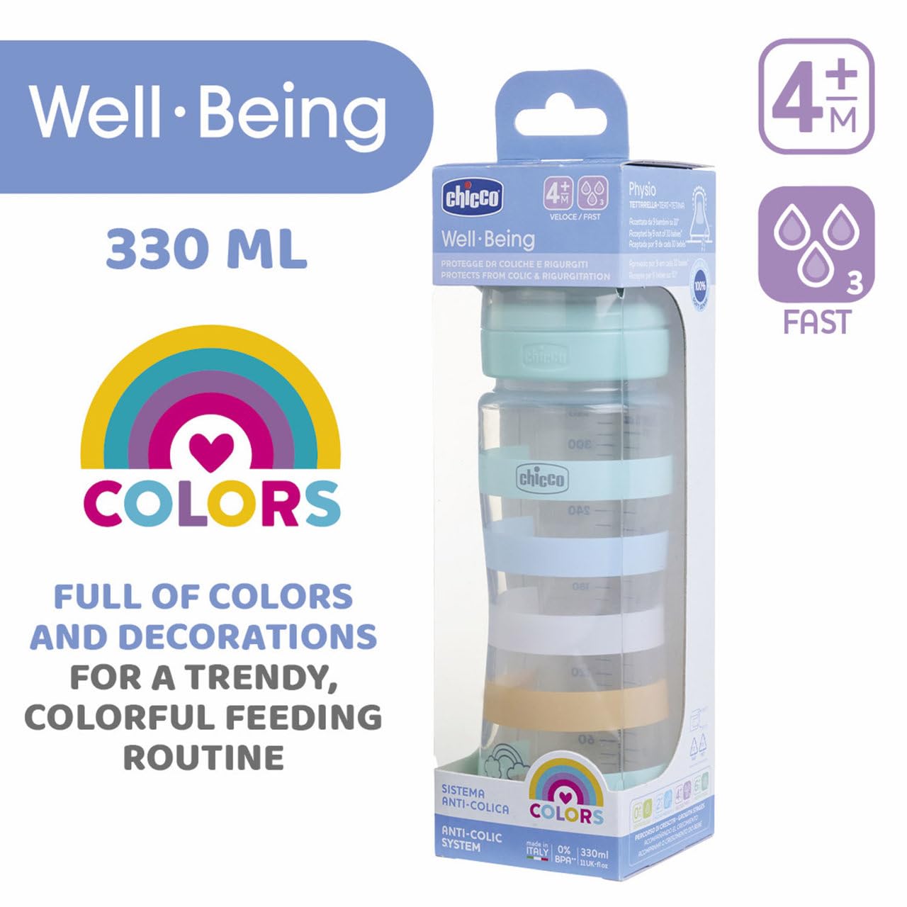 Chicco Biberón Anticólico Well Being 330 ml Verde