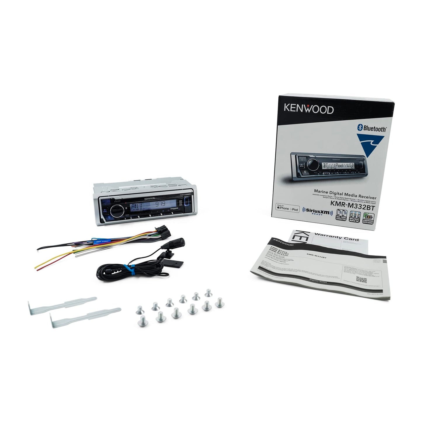 Kenwood KMR-M332BT Estéreo para Auto y Marina, de Un Solo Din, Audio Bluetooth, USB-MP3, Entrada AUX, Radio AM-FM SiriusXM, Resistente a la Intemperie, Iluminación Multicolor