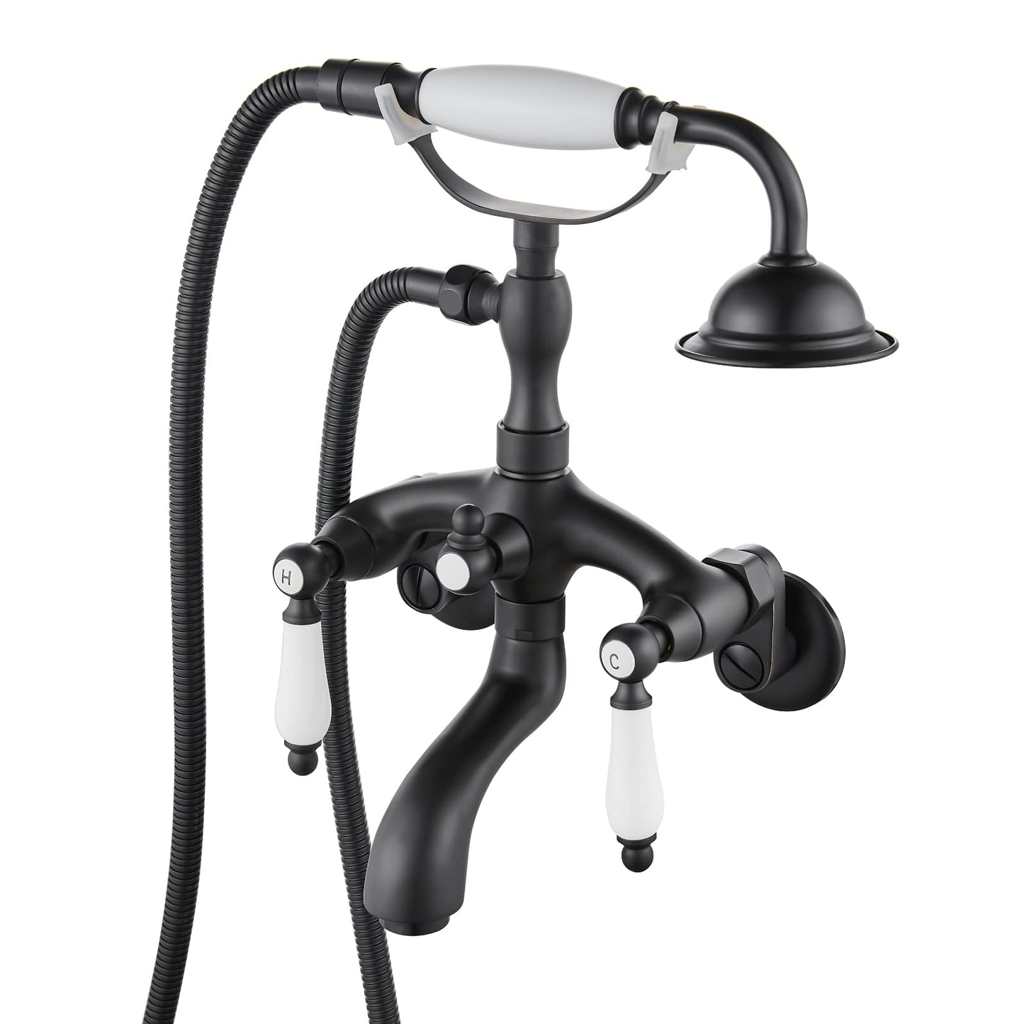 Gotonovo - llave de ducha para tina con forma de teléfono de color negro mate con rociador de ducha de mano, montaje en pared, cerámica de bronce, 2 doble asa, sistema de llave de ducha