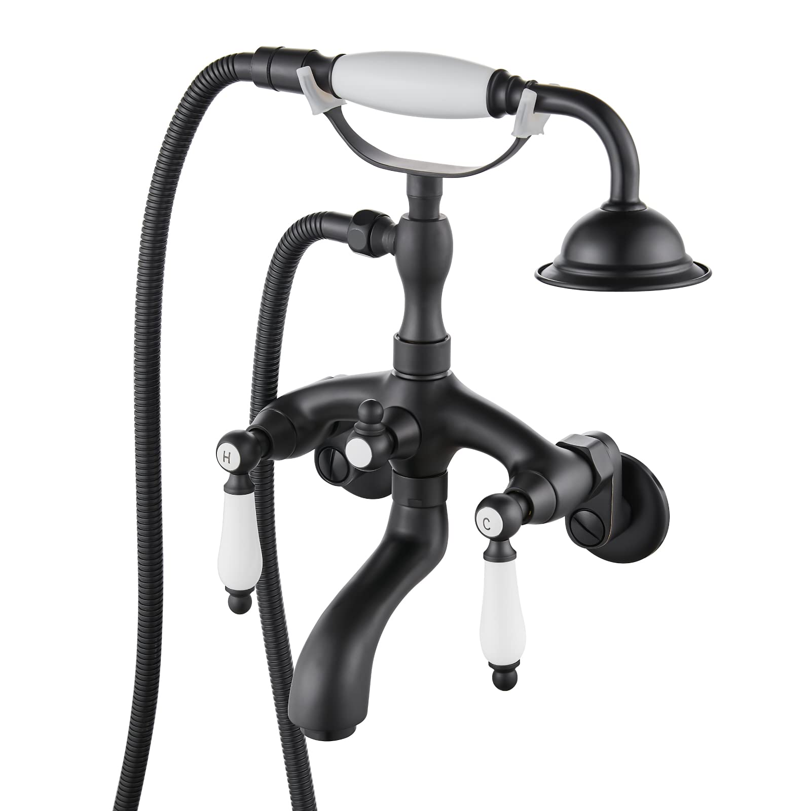 Gotonovo - llave de ducha para tina con forma de teléfono de color negro mate con rociador de ducha de mano, montaje en pared, cerámica de bronce, 2 doble asa, sistema de llave de ducha