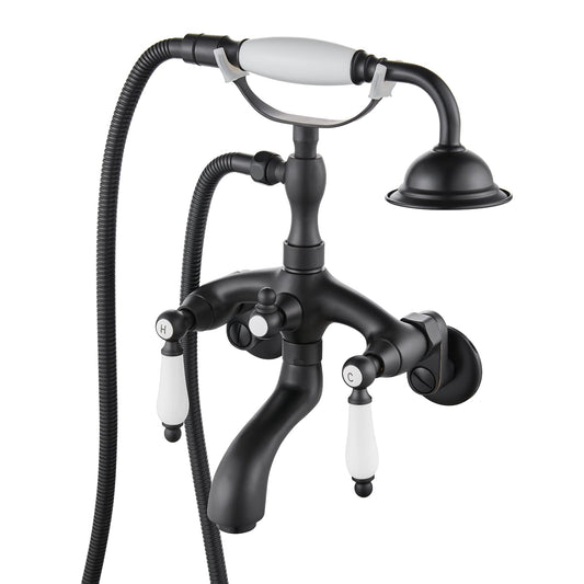 Gotonovo - llave de ducha para tina con forma de teléfono de color negro mate con rociador de ducha de mano, montaje en pared, cerámica de bronce, 2 doble asa, sistema de llave de ducha