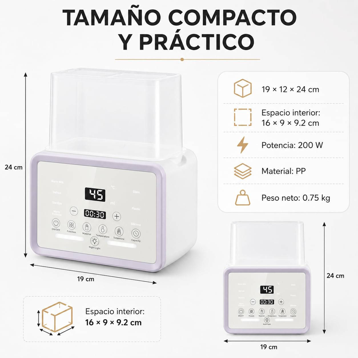 Esterilizador y Calentador de Biberones 6 en 1, Secador de Vapor para Bebé, Capacidad 2 Mamaderas, Pantalla LED Táctil, Control Preciso de Temperatura, Descongelación, Secado, Mantener Calor