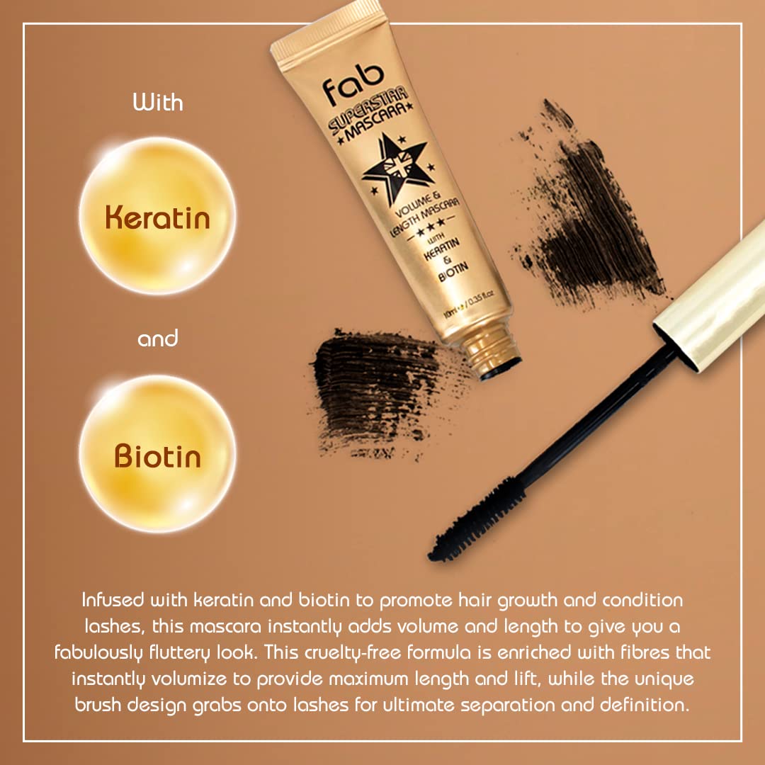 Fab Brows- Fab Superstar Mascara: Máscara de Pestañas Voluminizadora Resistente al Agua y con Efecto Lifting: Máscara de Pestañas Líquida Negra